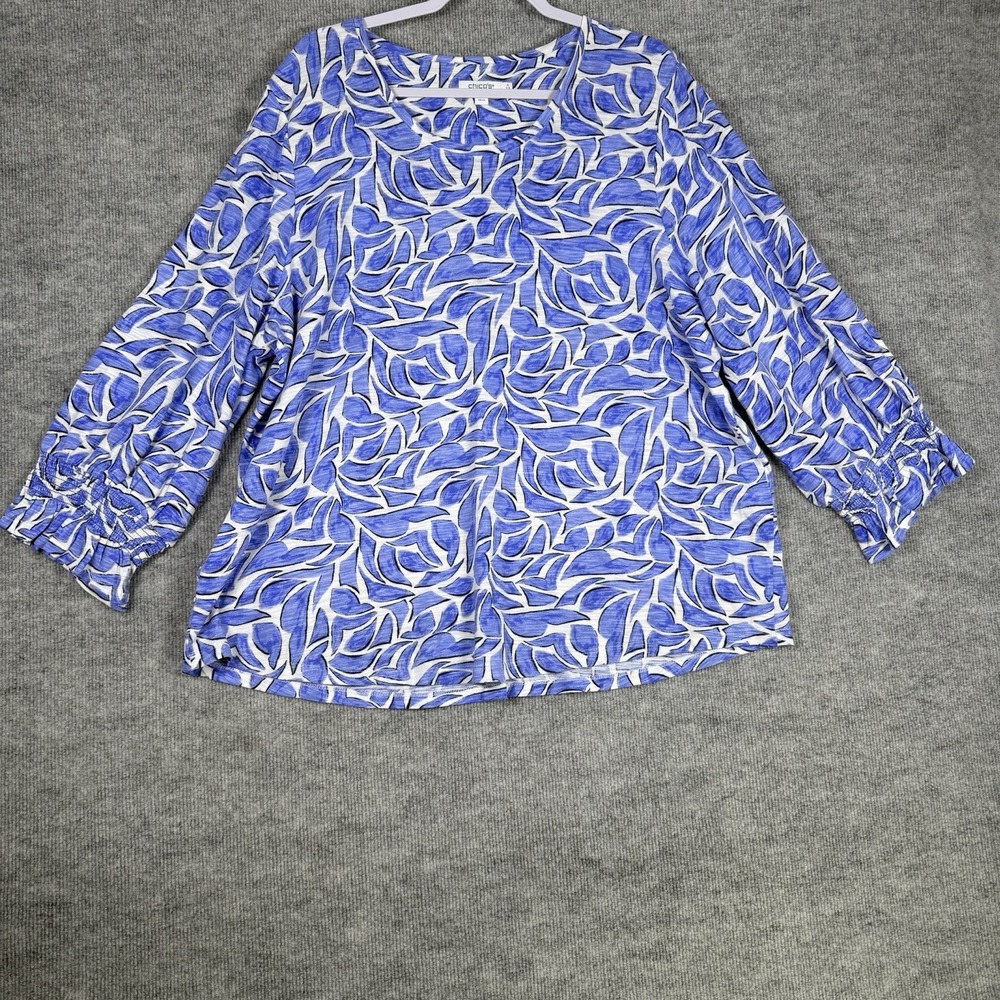 Chicos Size-4 Womens Top Leaf Print Smocked Cuff Cotton Blue